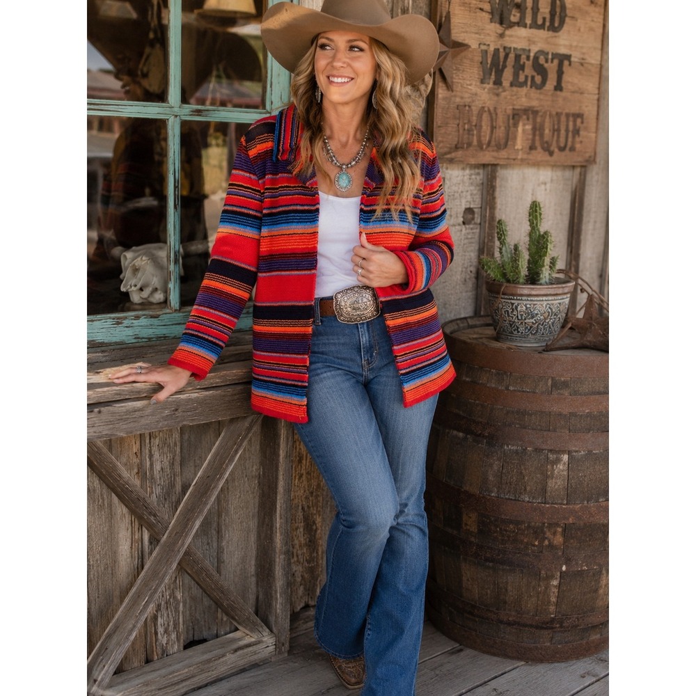 Rock and Roll Cowgirl Serape Stripe Knit Cardigan Sweater Red Multi‎ Small
